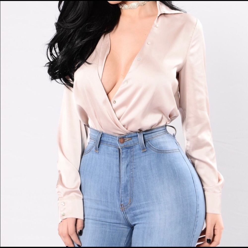 Fashion Nova Nude Satin Bodysuit Blouse